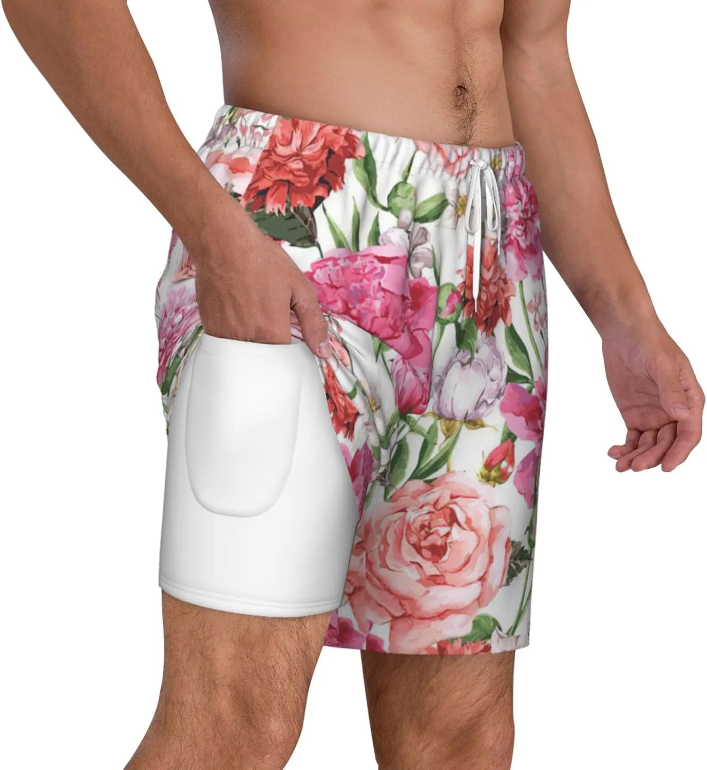 Garden Peony Print Men's Double Layer Swim Shorts, Gym Workout Shorts with Pocket