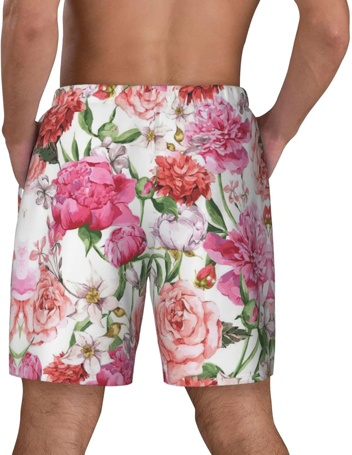 Garden Peony Print Men's Double Layer Swim Shorts, Gym Workout Shorts with Pocket