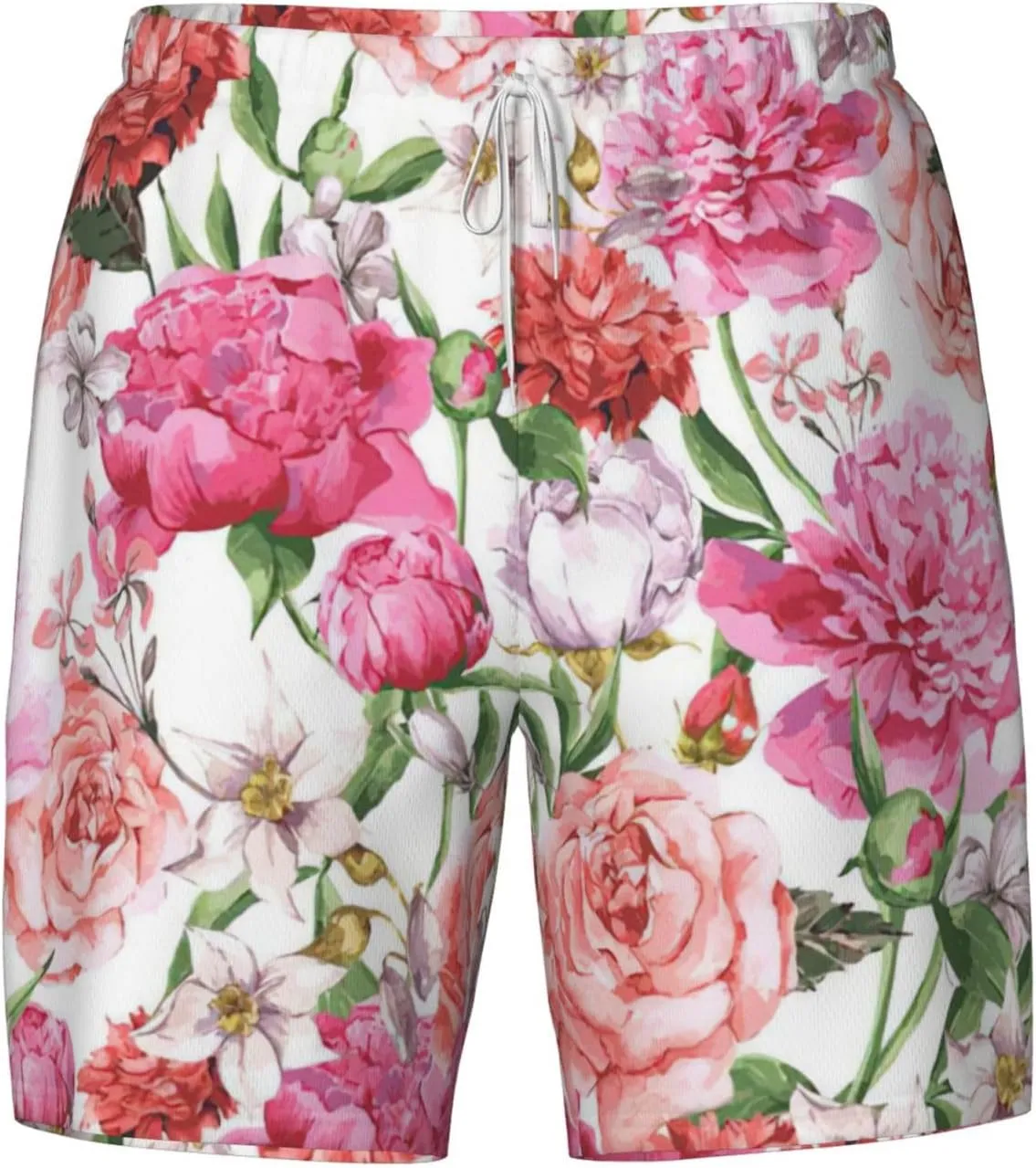 Garden Peony Print Men's Double Layer Swim Shorts, Gym Workout Shorts with Pocket