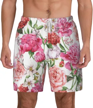 Garden Peony Print Men's Double Layer Swim Shorts, Gym Workout Shorts with Pocket