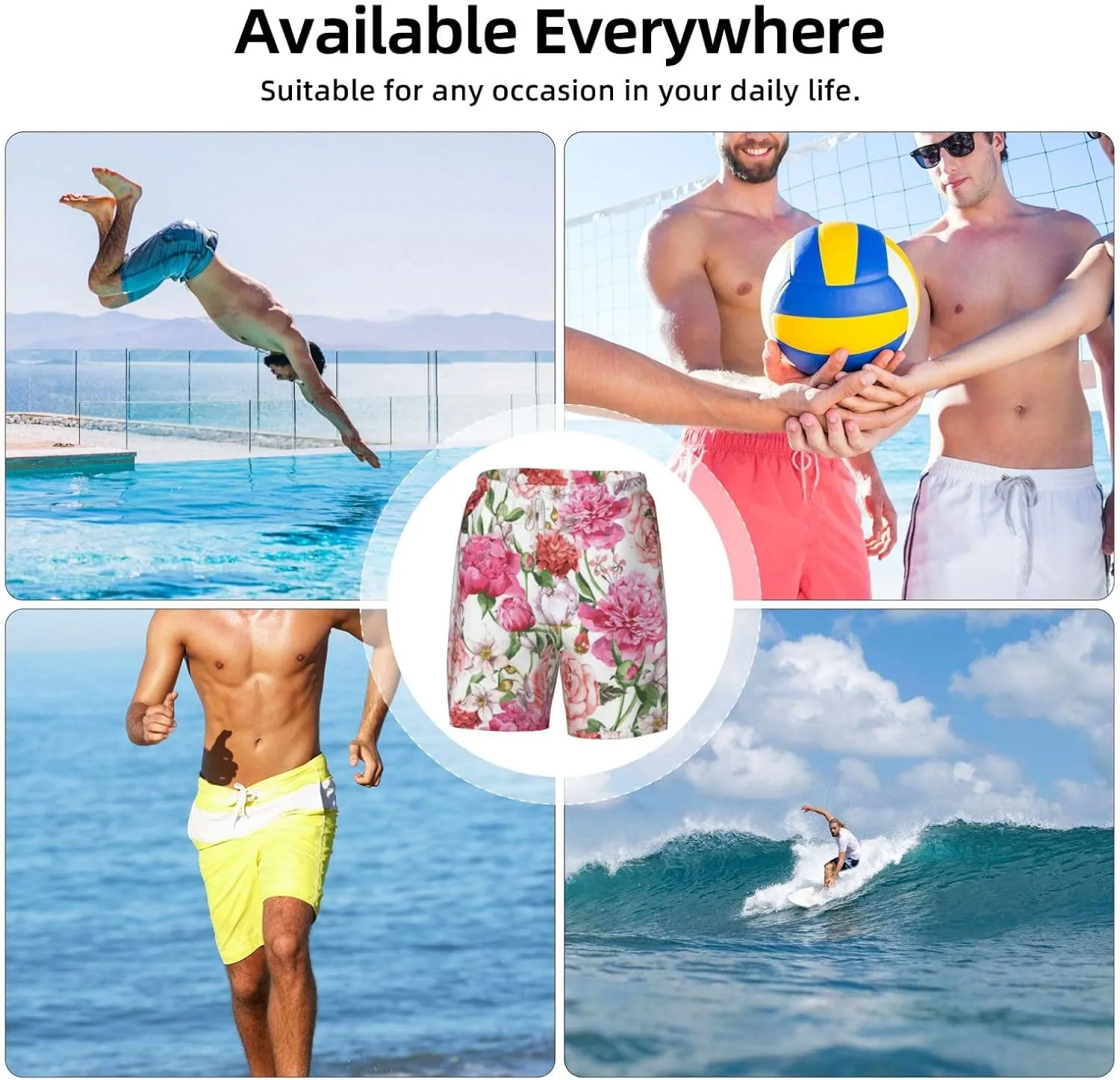 Garden Peony Print Men's Double Layer Swim Shorts, Gym Workout Shorts with Pocket