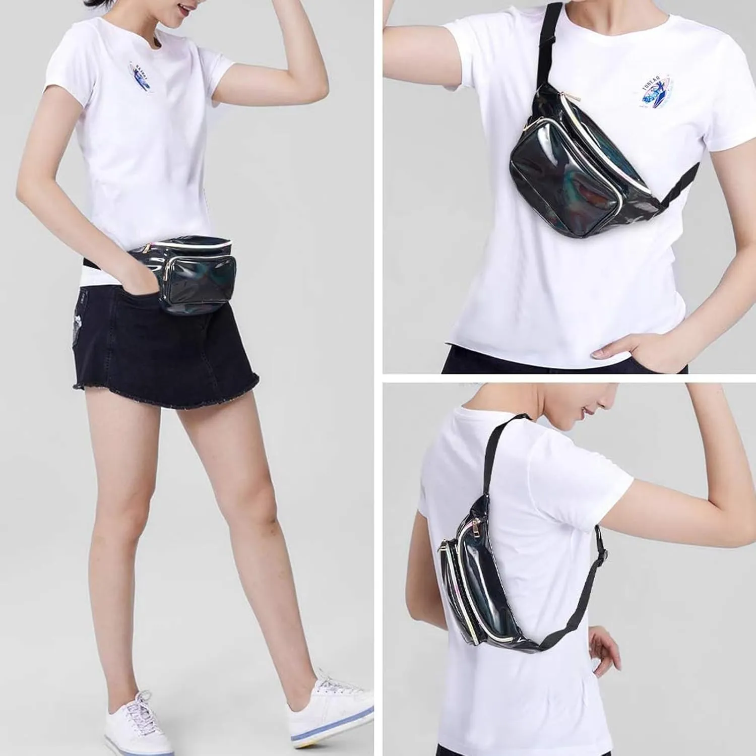 Geestock Fanny Packs for Women holographic Bags, Rave PVC Waterproof Reflective Belt Bag, Fashion Waist Bag with Adjustable Belt, Silver, Pink, Black Glitter Fanny Pack for Swimming Running