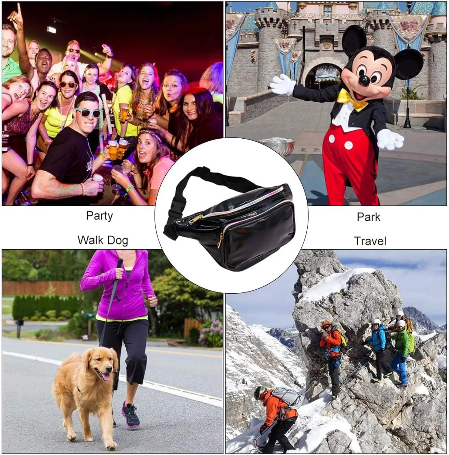 Geestock Fanny Packs for Women holographic Bags, Rave PVC Waterproof Reflective Belt Bag, Fashion Waist Bag with Adjustable Belt, Silver, Pink, Black Glitter Fanny Pack for Swimming Running
