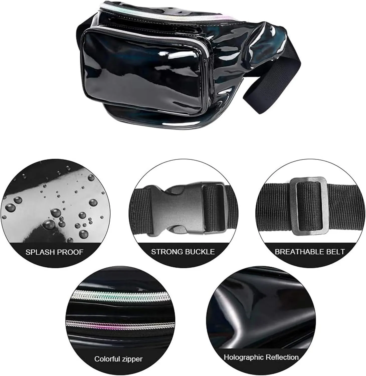 Geestock Fanny Packs for Women holographic Bags, Rave PVC Waterproof Reflective Belt Bag, Fashion Waist Bag with Adjustable Belt, Silver, Pink, Black Glitter Fanny Pack for Swimming Running