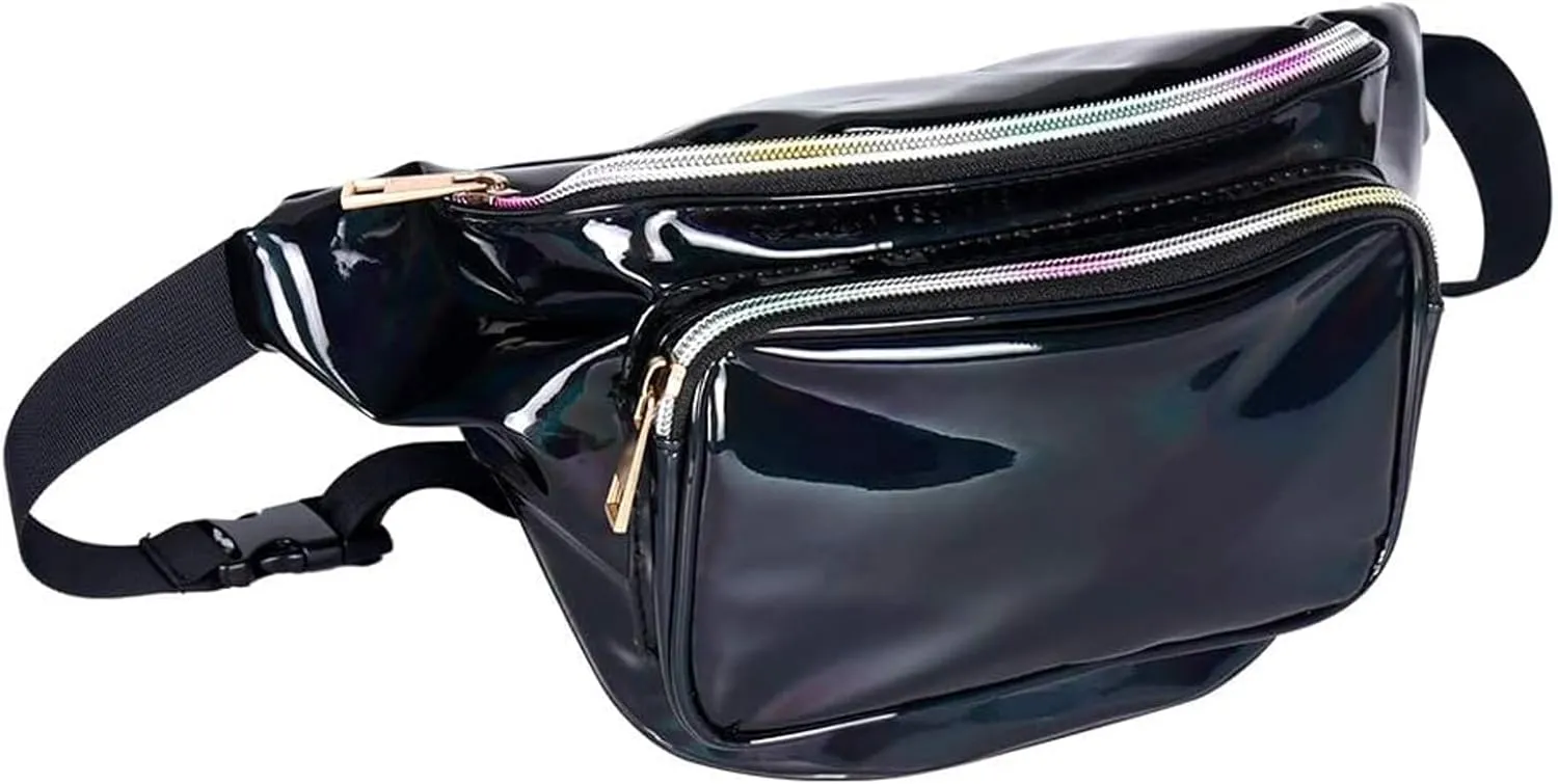 Geestock Fanny Packs for Women holographic Bags, Rave PVC Waterproof Reflective Belt Bag, Fashion Waist Bag with Adjustable Belt, Silver, Pink, Black Glitter Fanny Pack for Swimming Running