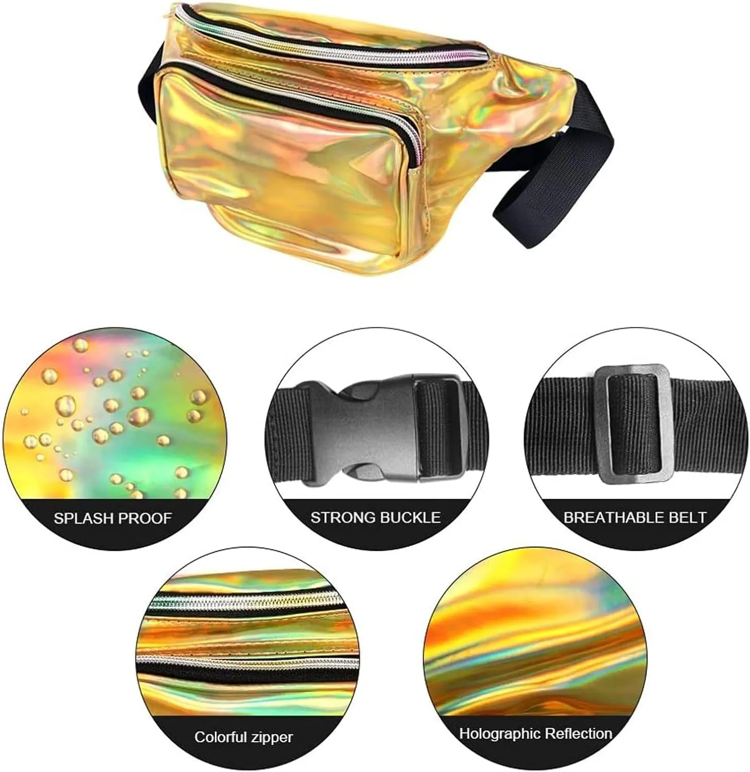Geestock Fanny Packs for Women holographic Bags, Rave PVC Waterproof Reflective Belt Bag, Fashion Waist Bag with Adjustable Belt, Silver, Pink, Black Glitter Fanny Pack for Swimming Running