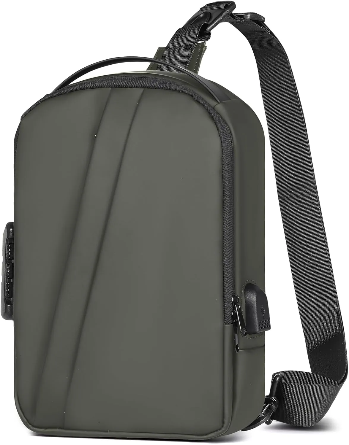 Geestock Men's Crossbody Sling Bag with Anti-Theft Password Lock, Waterproof Sling Backpack with USB Charging Port, PU Leather Chest Bag Casual Shoulder Bag (Green)