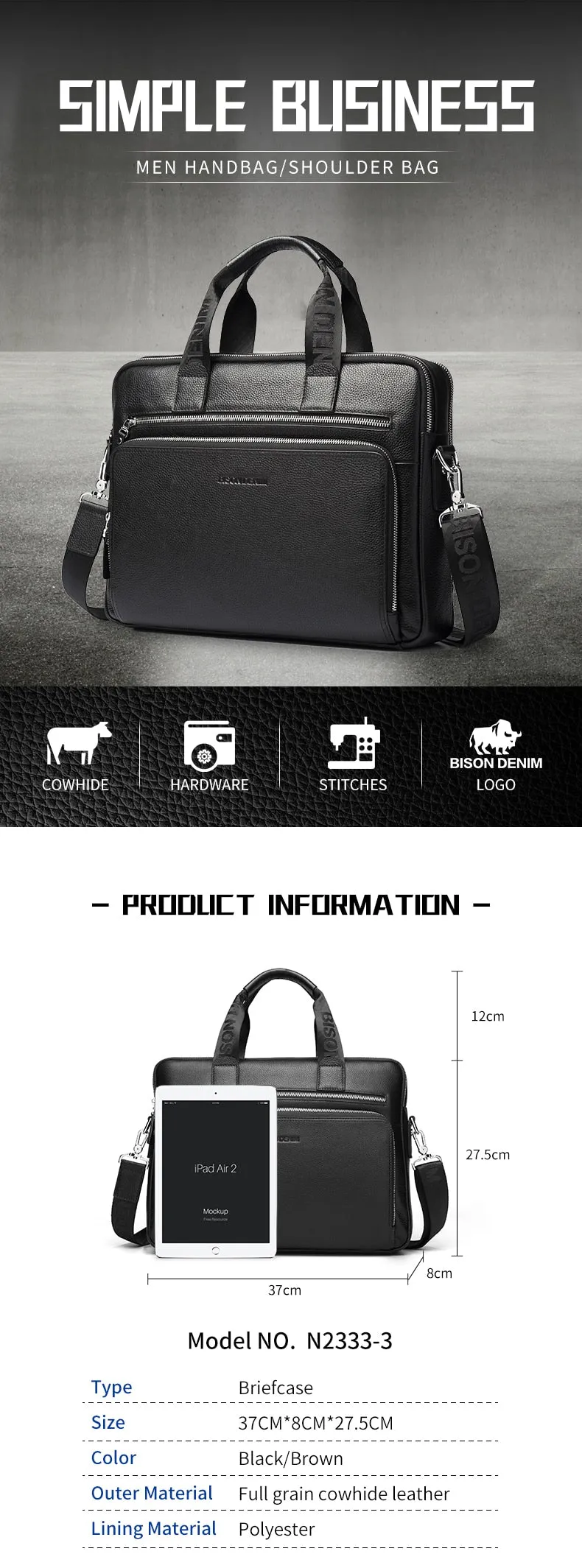 Genuine leather Briefcases 14" Laptop Handbag Men's