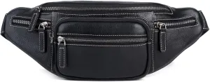 Genuine Leather Fanny Pack Waist Bag for Men Women Hip Bum Bag Travel Pouch Sling Bag Crossbody Chest Bags Shoulder Daypack Multiple Pockets Waist Pack Black