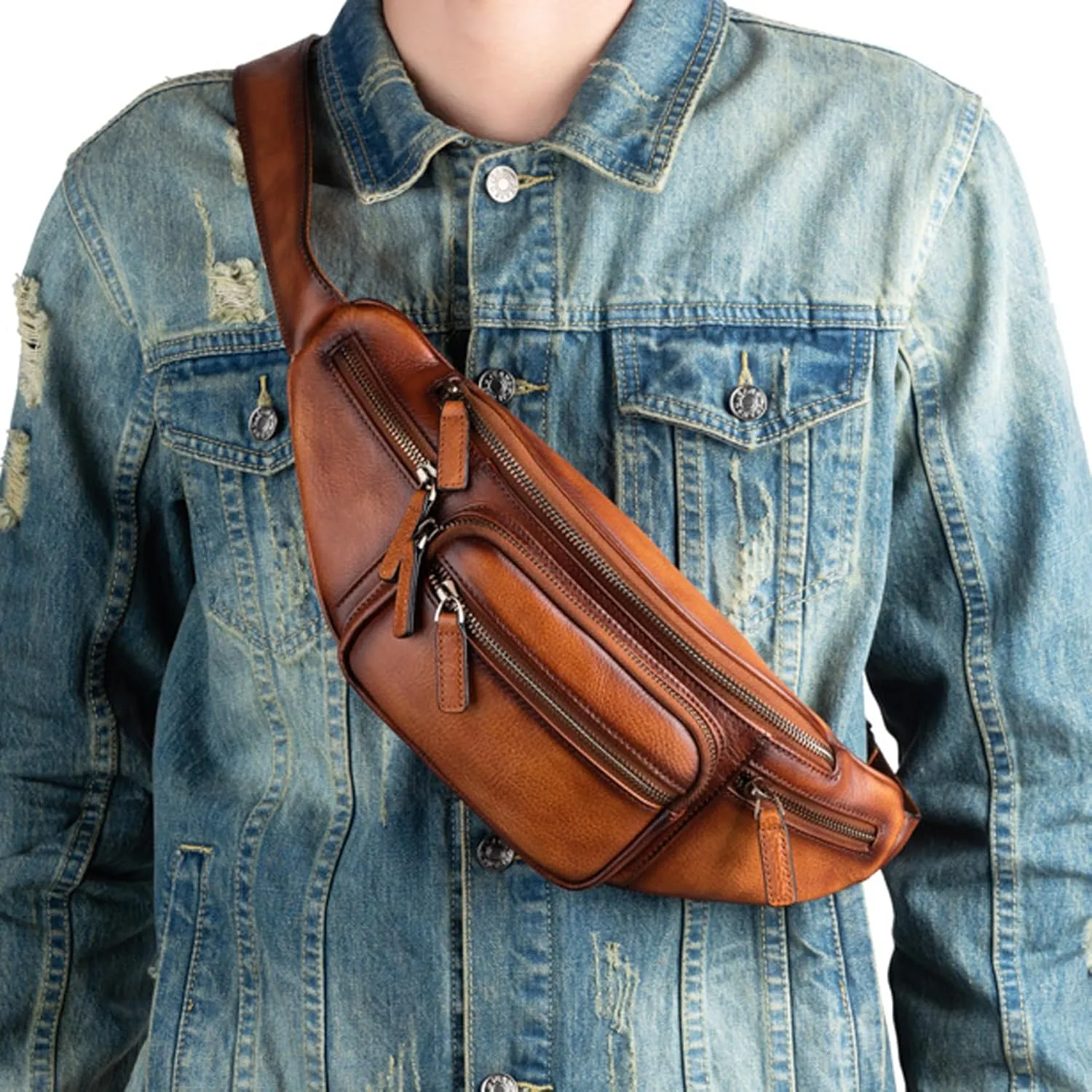 Genuine Leather Fanny Pack Waist Bag for Men Women Hip Bum Bag Travel Pouch Sling Bag Crossbody Chest Bags Shoulder Daypack Multiple Pockets Waist Pack Black