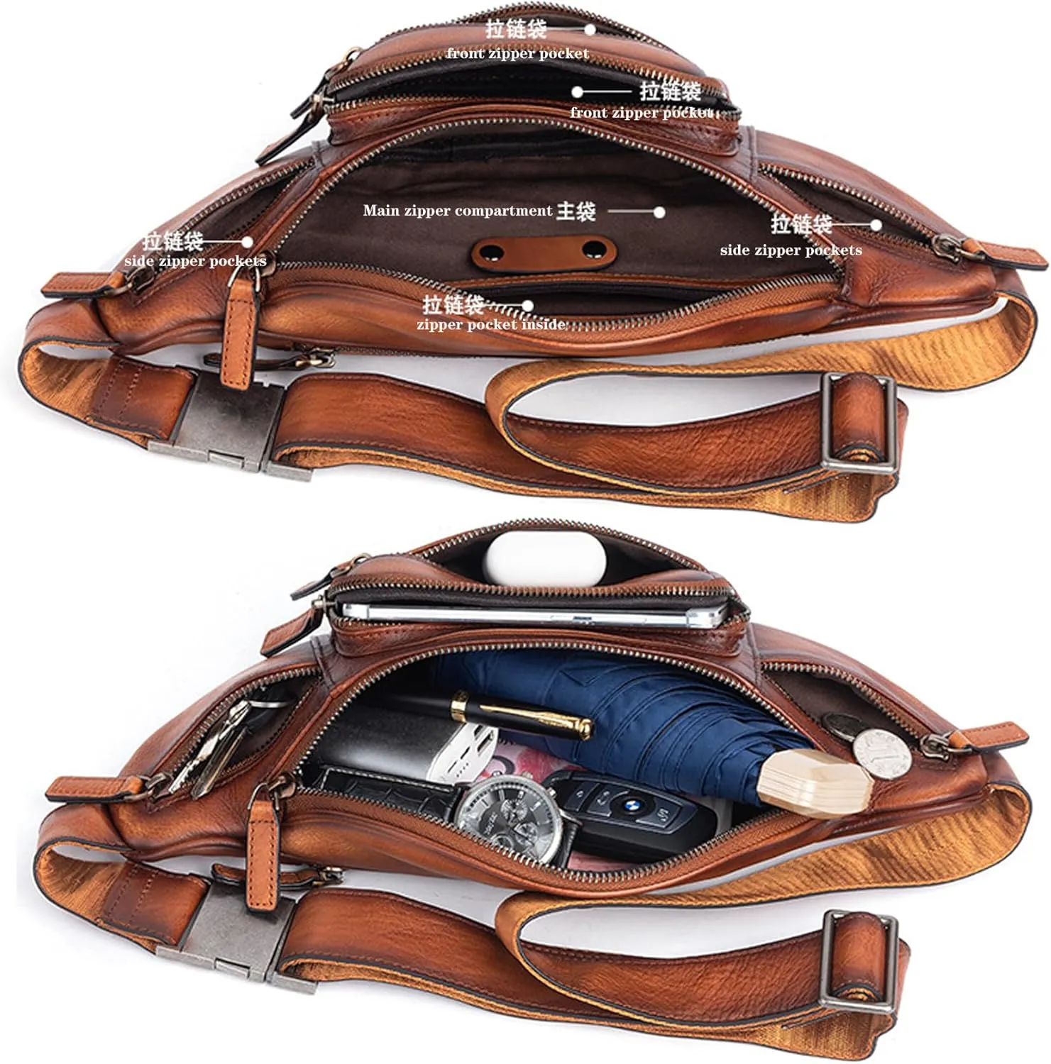 Genuine Leather Fanny Pack Waist Bag for Men Women Hip Bum Bag Travel Pouch Sling Bag Crossbody Chest Bags Shoulder Daypack Multiple Pockets Waist Pack Black