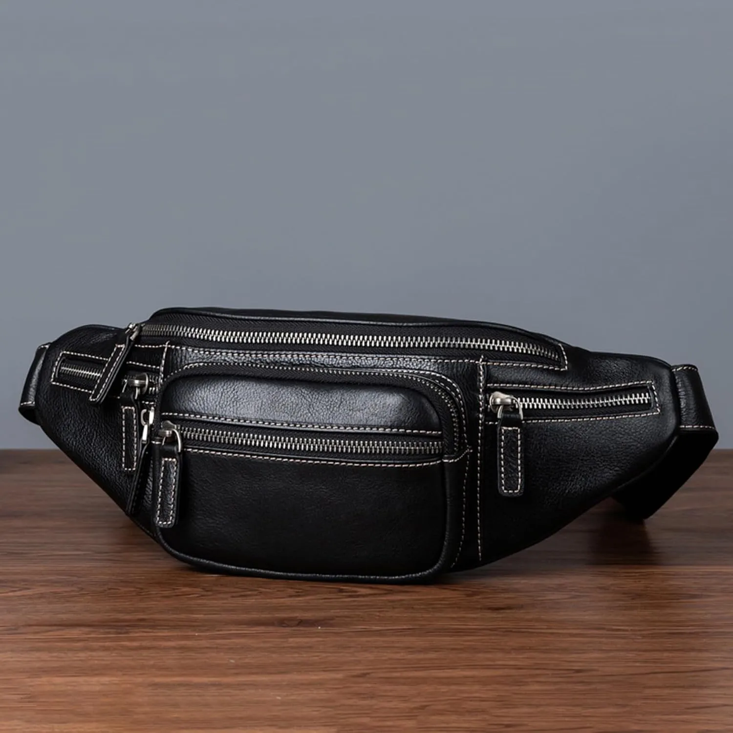 Genuine Leather Fanny Pack Waist Bag for Men Women Hip Bum Bag Travel Pouch Sling Bag Crossbody Chest Bags Shoulder Daypack Multiple Pockets Waist Pack Black