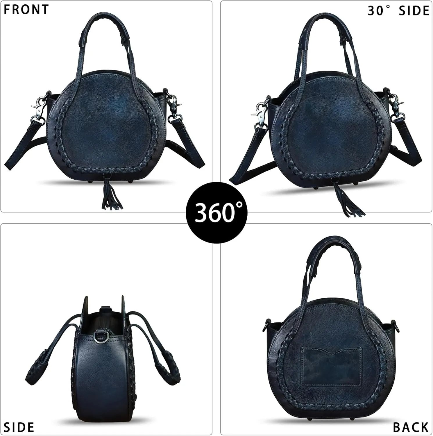 Genuine Leather Handbag for Women Crossbody Bag Small Purses Round Satchel Handmade Shoulder Bag Circle Pouch