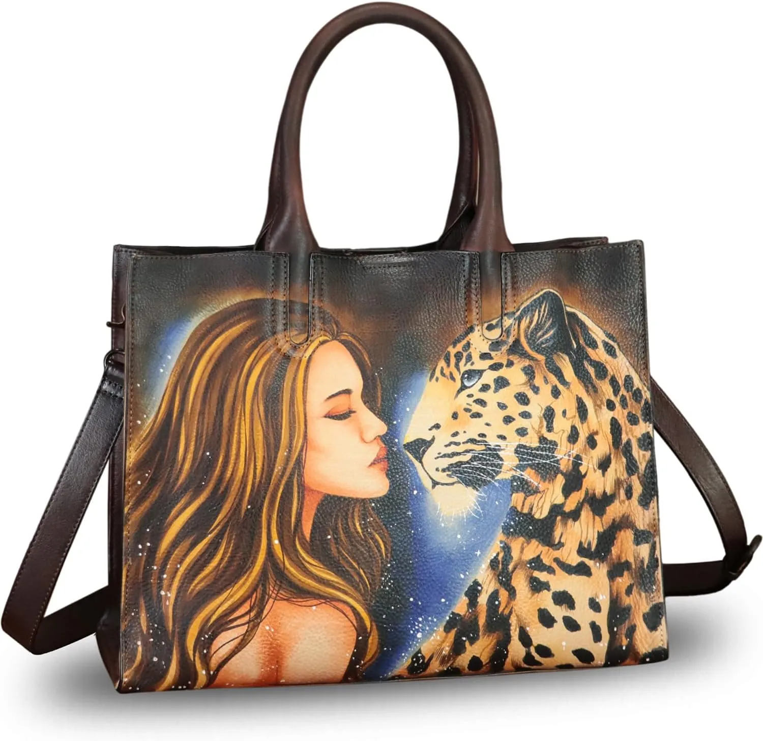 Genuine Leather Handbag for Women Hand Painted Leather Top Handle Bag Handmade Crossbody Purse Work Tote