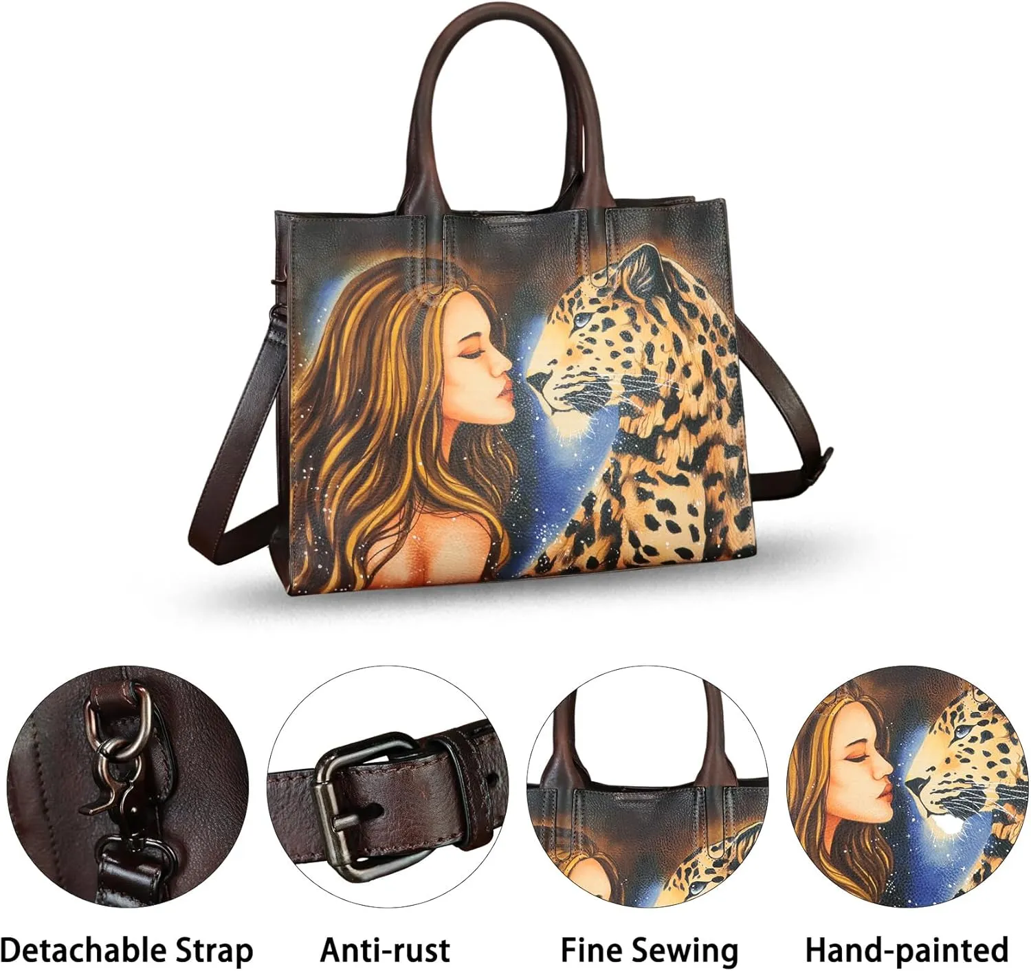 Genuine Leather Handbag for Women Hand Painted Leather Top Handle Bag Handmade Crossbody Purse Work Tote