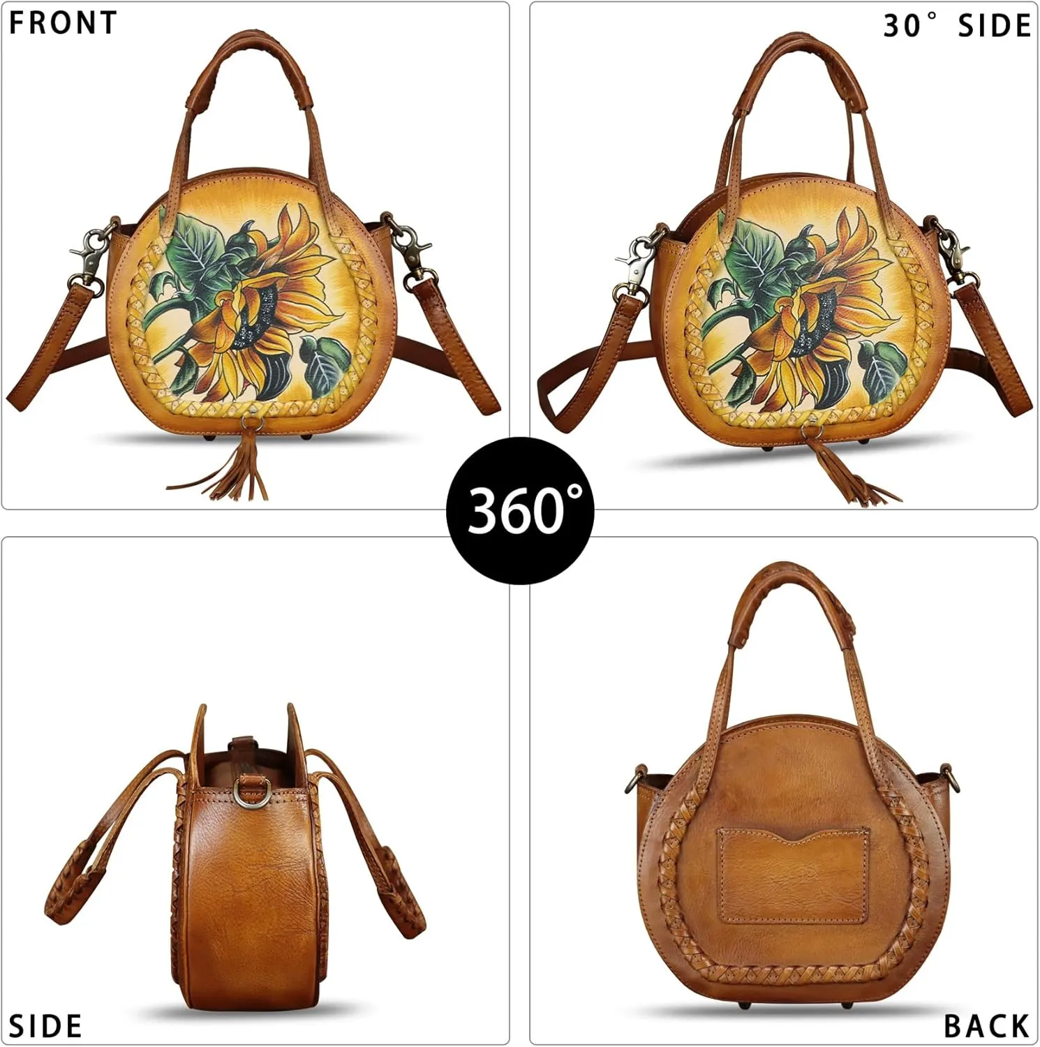 Genuine Leather Handbag for Women Purse Hand Painted Pattern Top Handle Satchel Handmade Crossbody Pouch