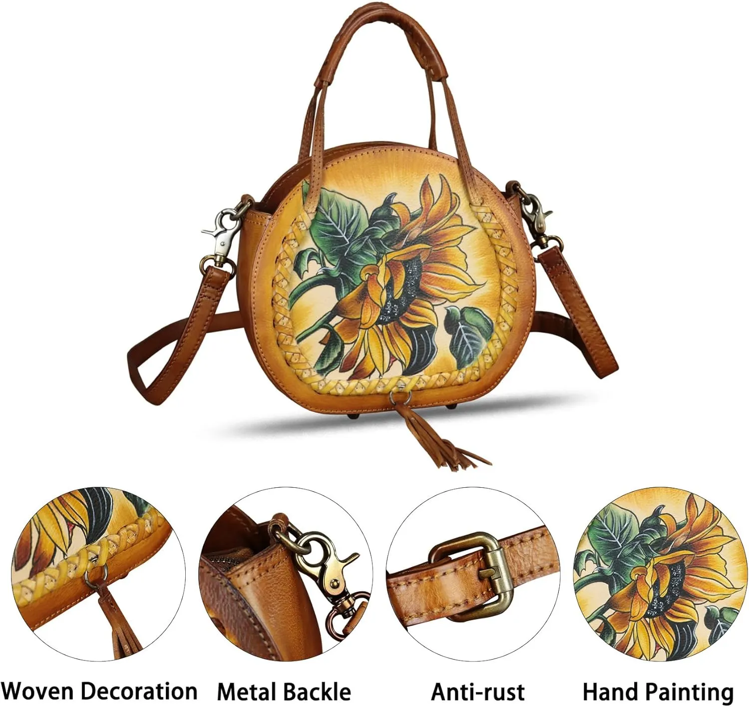 Genuine Leather Handbag for Women Purse Hand Painted Pattern Top Handle Satchel Handmade Crossbody Pouch