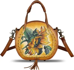 Genuine Leather Handbag for Women Purse Hand Painted Pattern Top Handle Satchel Handmade Crossbody Pouch