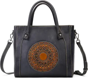 Genuine Leather Handbag for Women,Retro Embossing Mandala Designer Purse Organizer Handmade Italian Purse