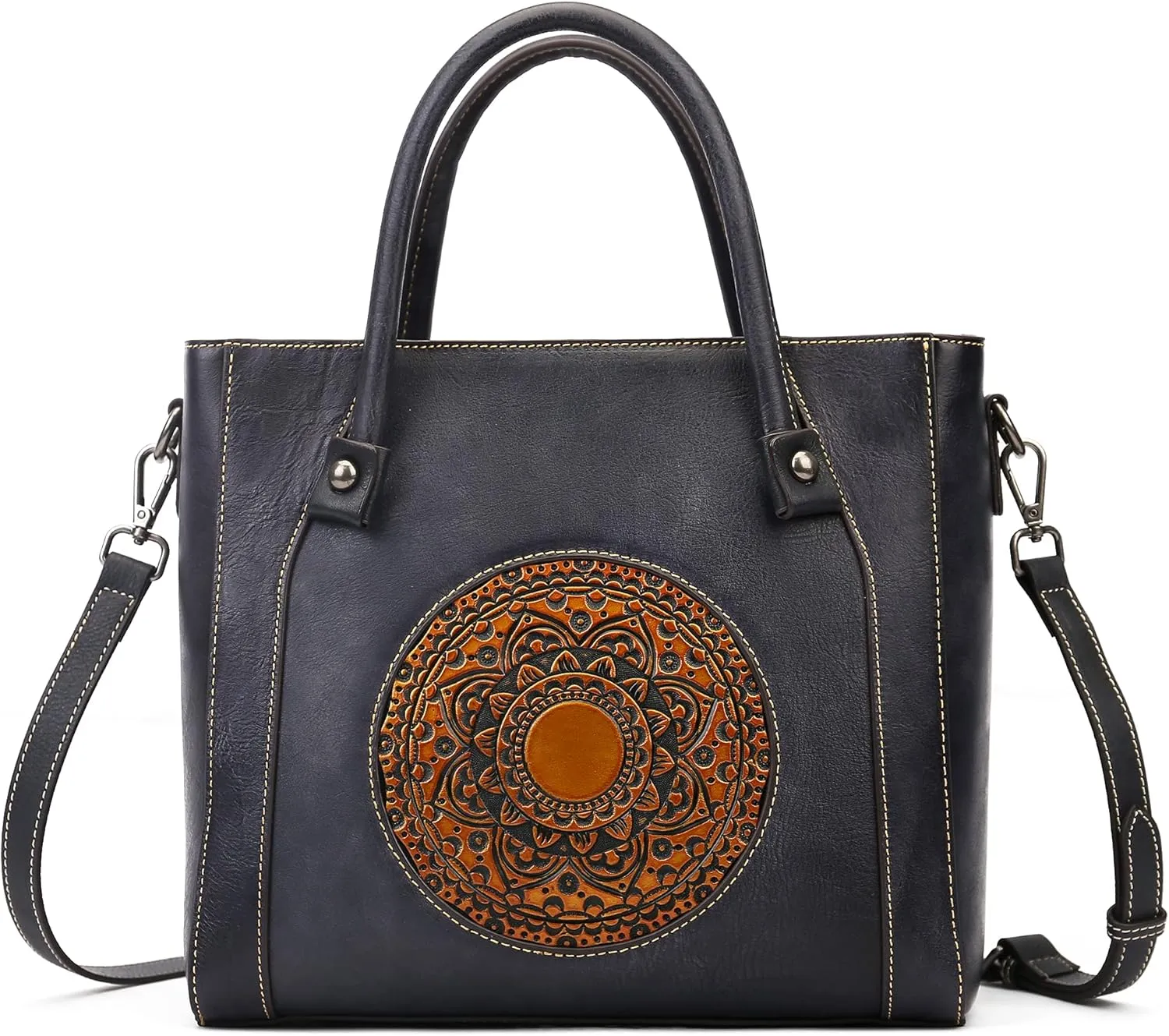 Genuine Leather Handbag for Women,Retro Embossing Mandala Designer Purse Organizer Handmade Italian Purse