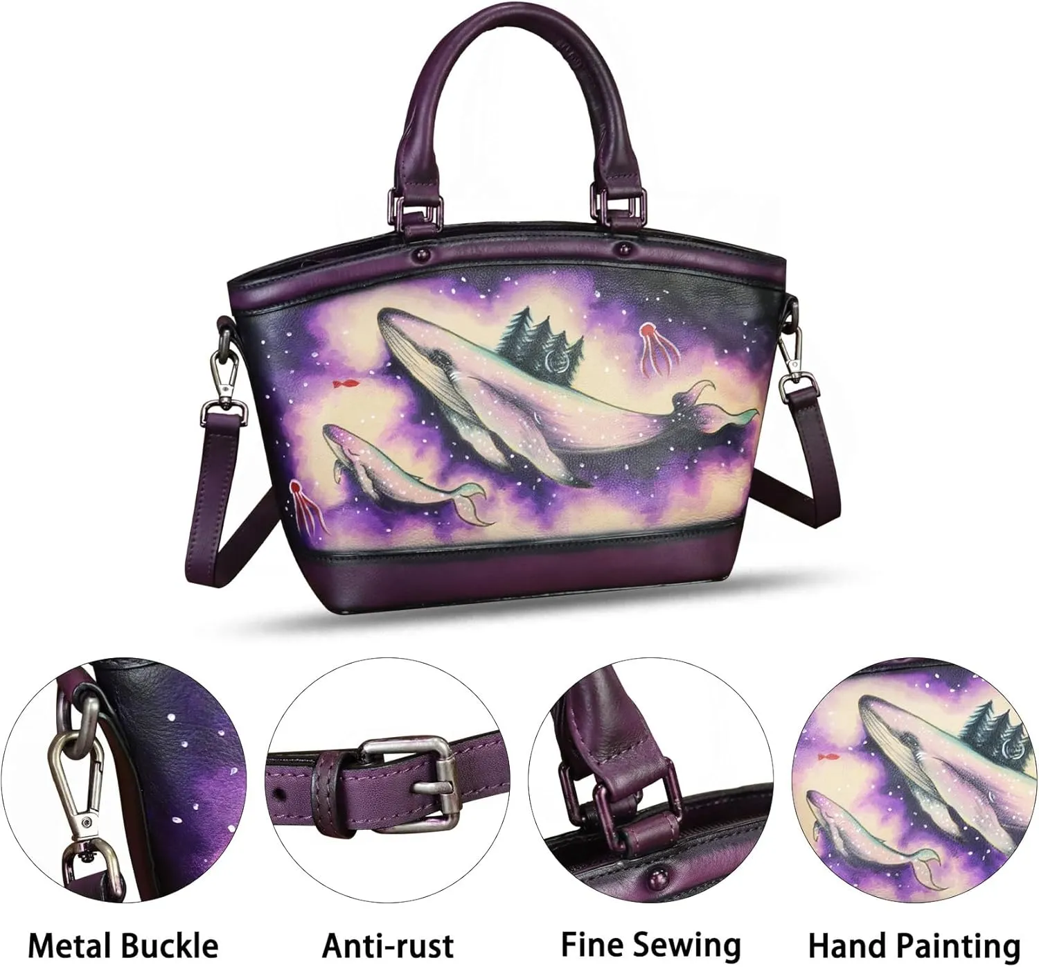 Genuine Leather Handbag Purse for Women Hand Painted Shoulder Handbag Handmade Purse Crossbody Work Tote Casual Bag