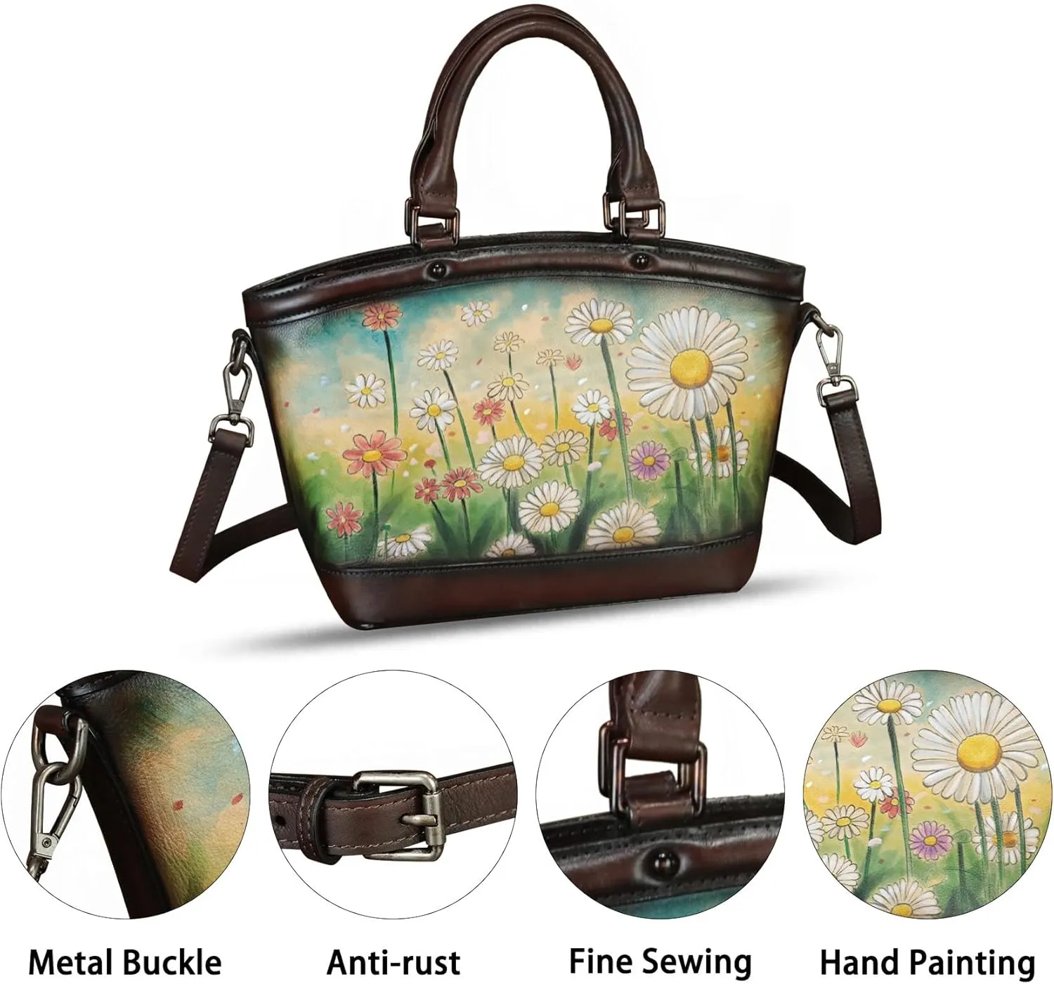 Genuine Leather Handbag Purse for Women Hand Painted Shoulder Handbag Handmade Purse Crossbody Work Tote Casual Bag