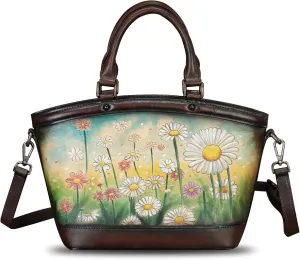 Genuine Leather Handbag Purse for Women Hand Painted Shoulder Handbag Handmade Purse Crossbody Work Tote Casual Bag