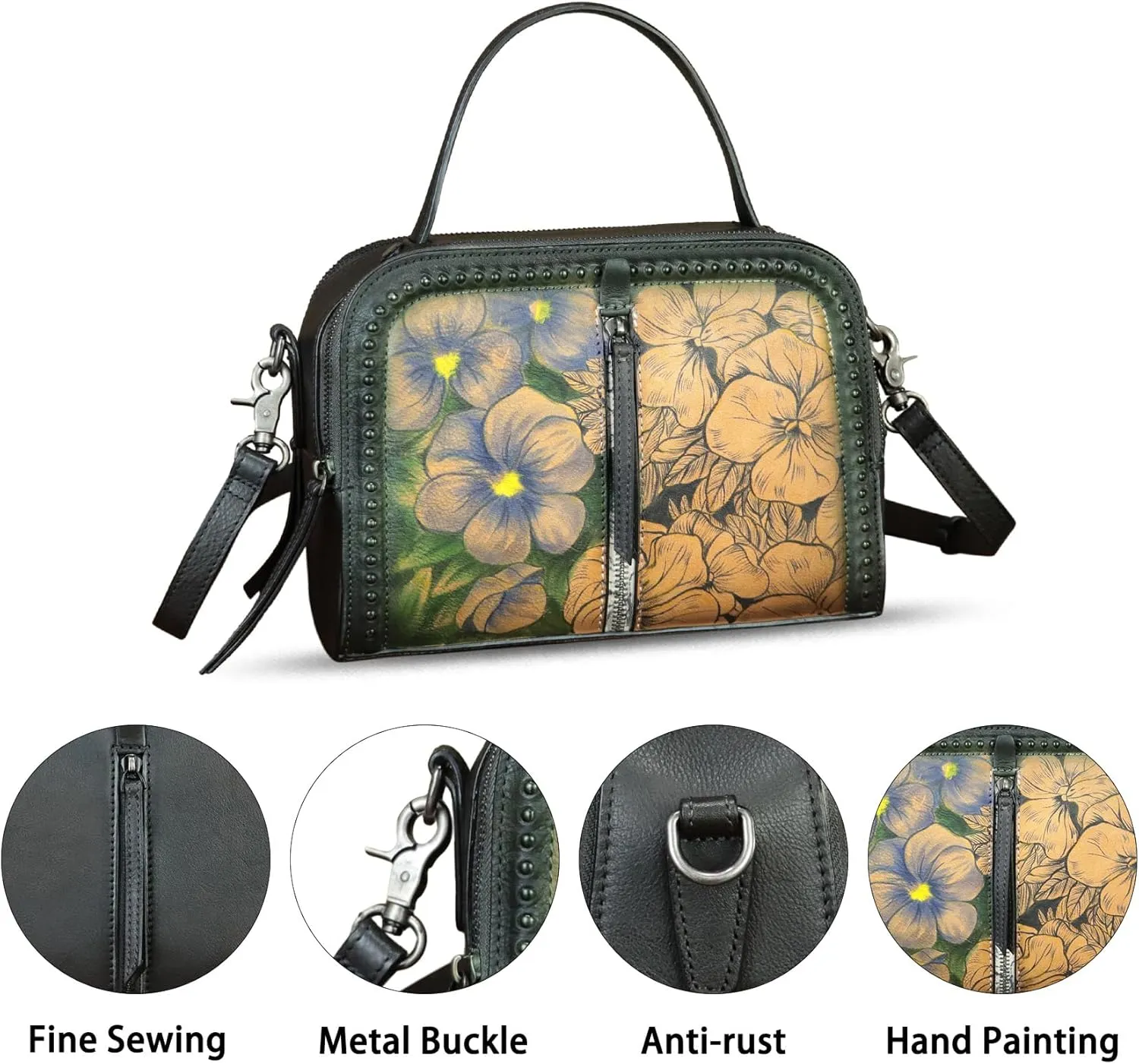 Genuine Leather Satchel for Women Hand Painted Leather Top Handle Handbag Handmade Crossbody Satchel Purse Tote Bag