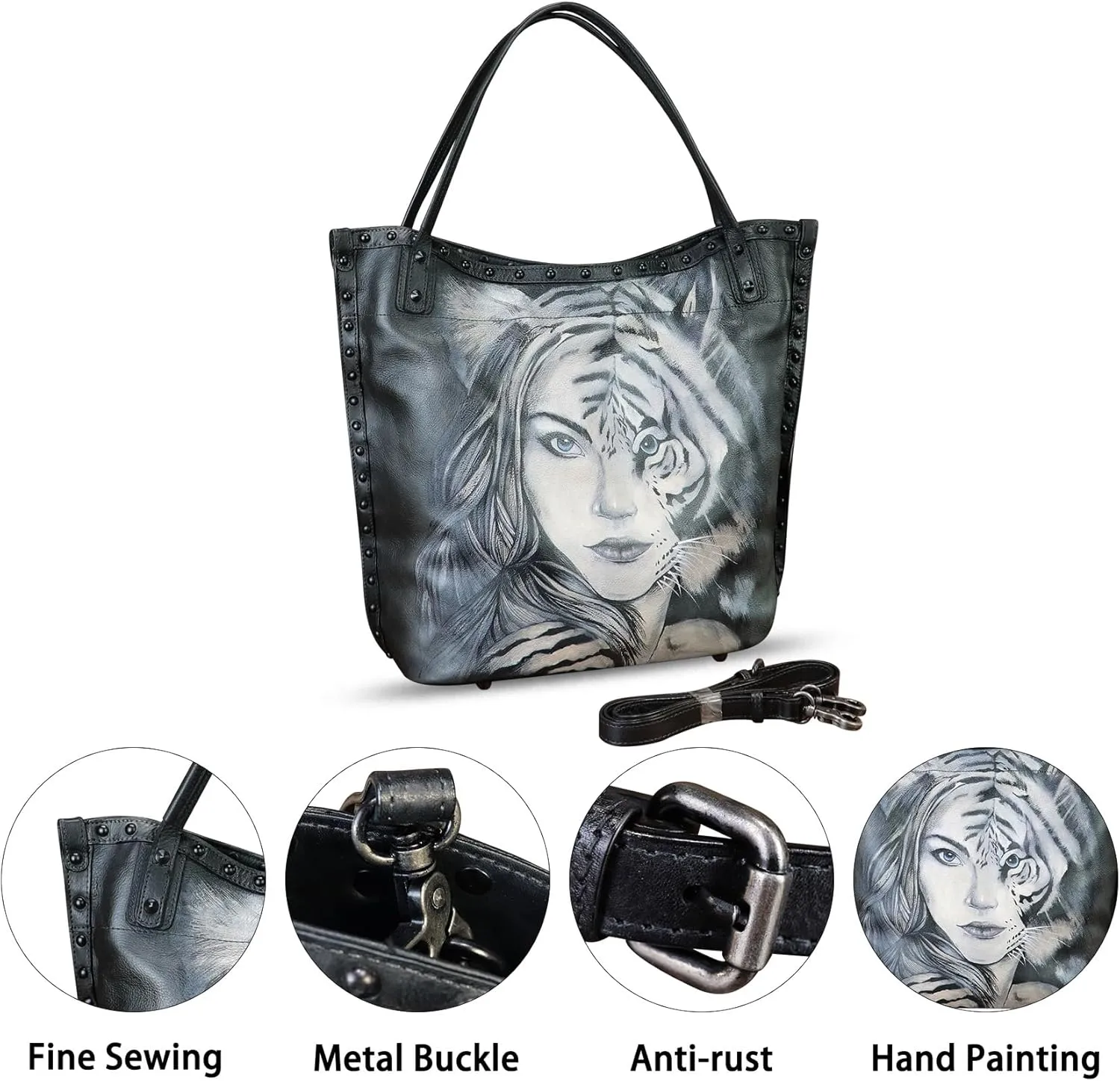 Genuine Leather Shoulder Bag for Women Hand Painted Leather Handbag Handmade Purse Crossbody Work Tote Bag Casual Purse
