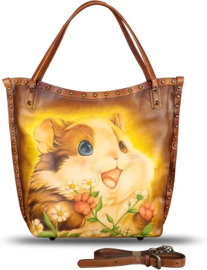 Genuine Leather Shoulder Bag for Women Hand Painted Leather Handbag Handmade Purse Crossbody Work Tote Bag Casual Purse