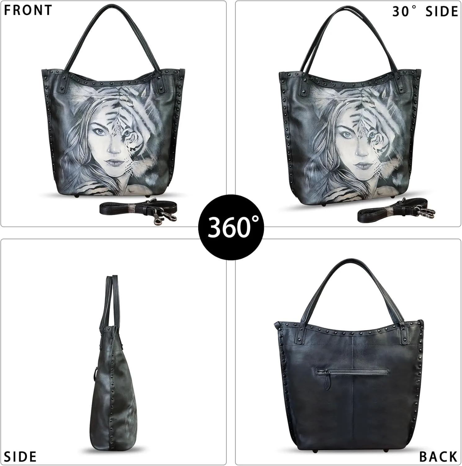 Genuine Leather Shoulder Bag for Women Hand Painted Leather Handbag Handmade Purse Crossbody Work Tote Bag Casual Purse