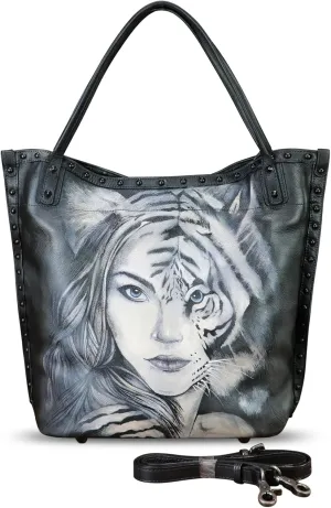 Genuine Leather Shoulder Bag for Women Hand Painted Leather Handbag Handmade Purse Crossbody Work Tote Bag Casual Purse