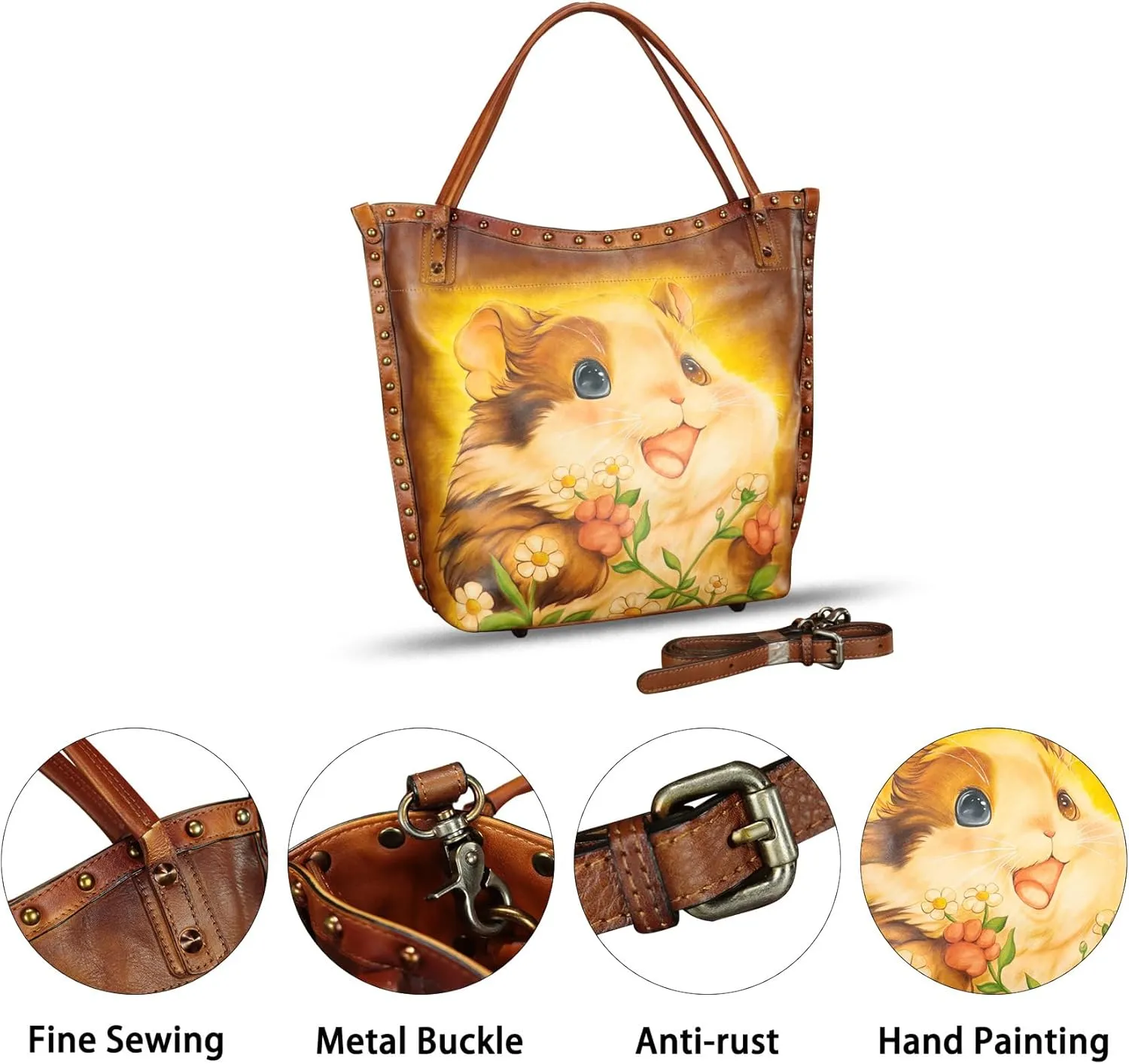 Genuine Leather Shoulder Bag for Women Hand Painted Leather Handbag Handmade Purse Crossbody Work Tote Bag Casual Purse