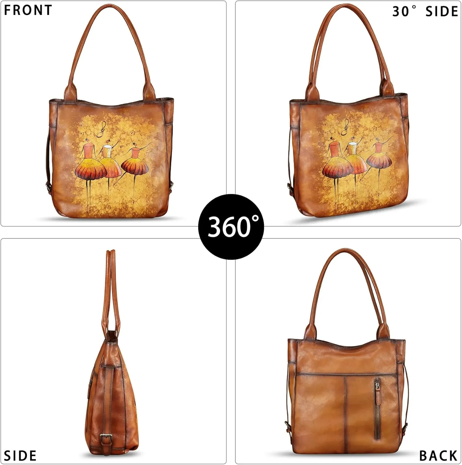 Genuine Leather Shoulder Bag for Women Hand Painted Leather Handbag Handmade Purse Work Tote Bag Casual Purse