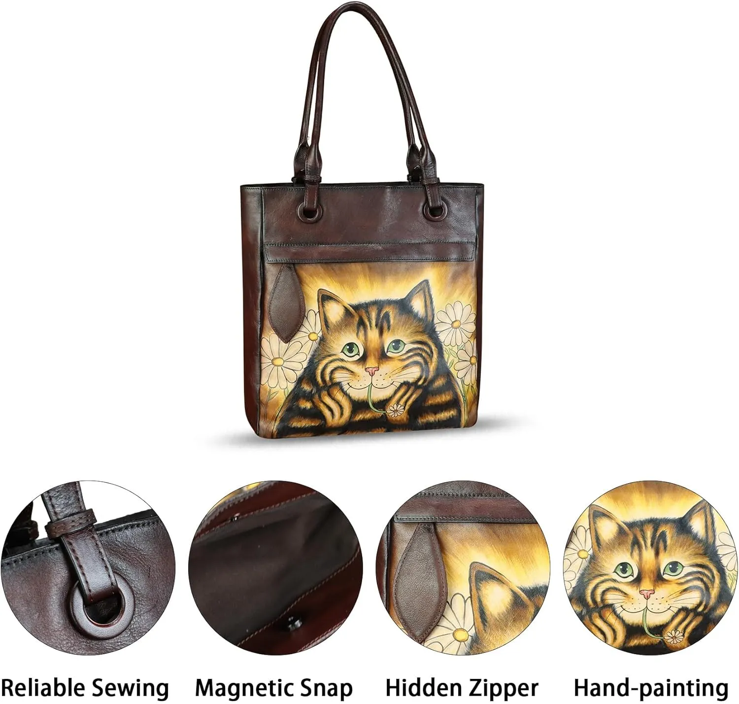 Genuine Leather Shoulder Bag for Women Hand Painted Leather Handbag Handmade Work Tote Bag Casual Hand Purse