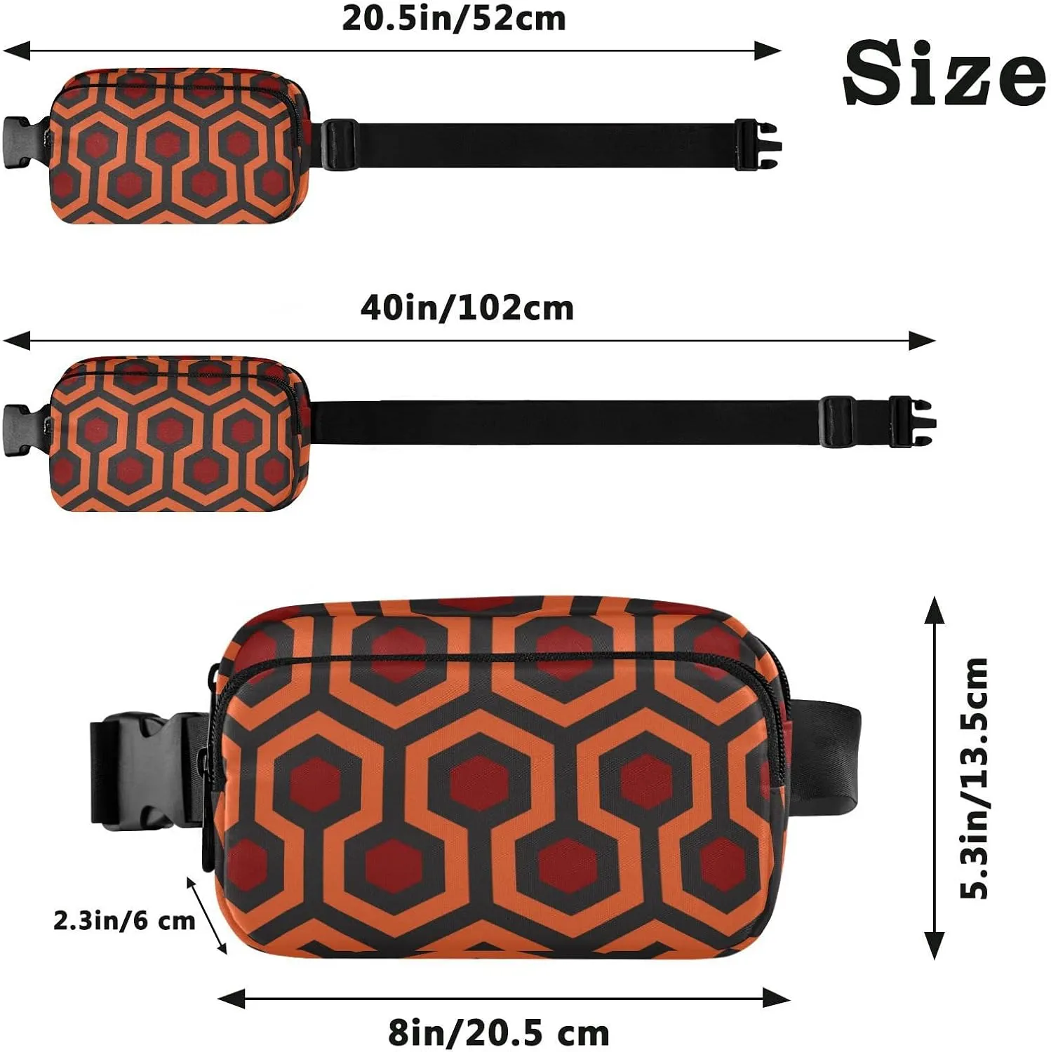 Geometric Hexagons Red Orange Black Abstract Polygon Patter Adjustable Belt Running Bag, Crossbody Fanny Pack Waist Runners Bag Tote for Women Men Sports Hiking Fitness Exercise Gym Pouch