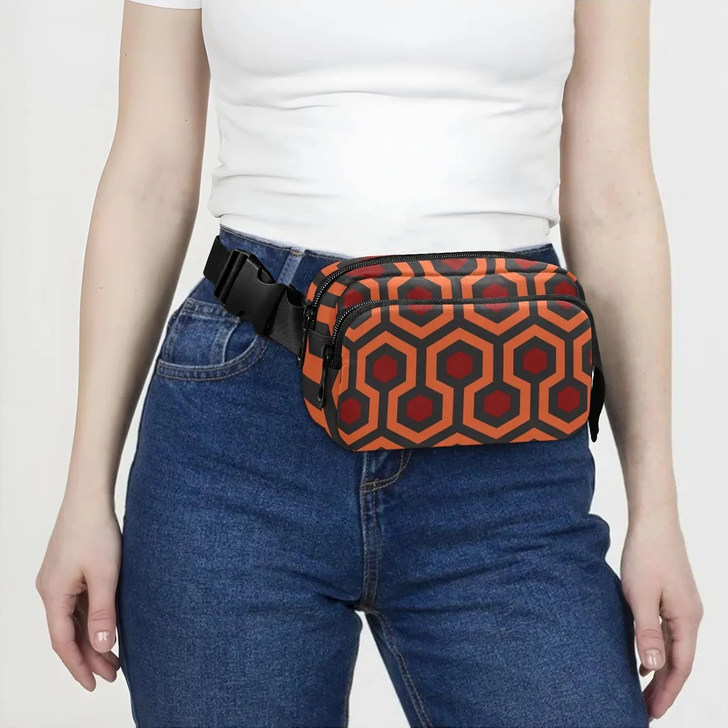 Geometric Hexagons Red Orange Black Abstract Polygon Patter Adjustable Belt Running Bag, Crossbody Fanny Pack Waist Runners Bag Tote for Women Men Sports Hiking Fitness Exercise Gym Pouch