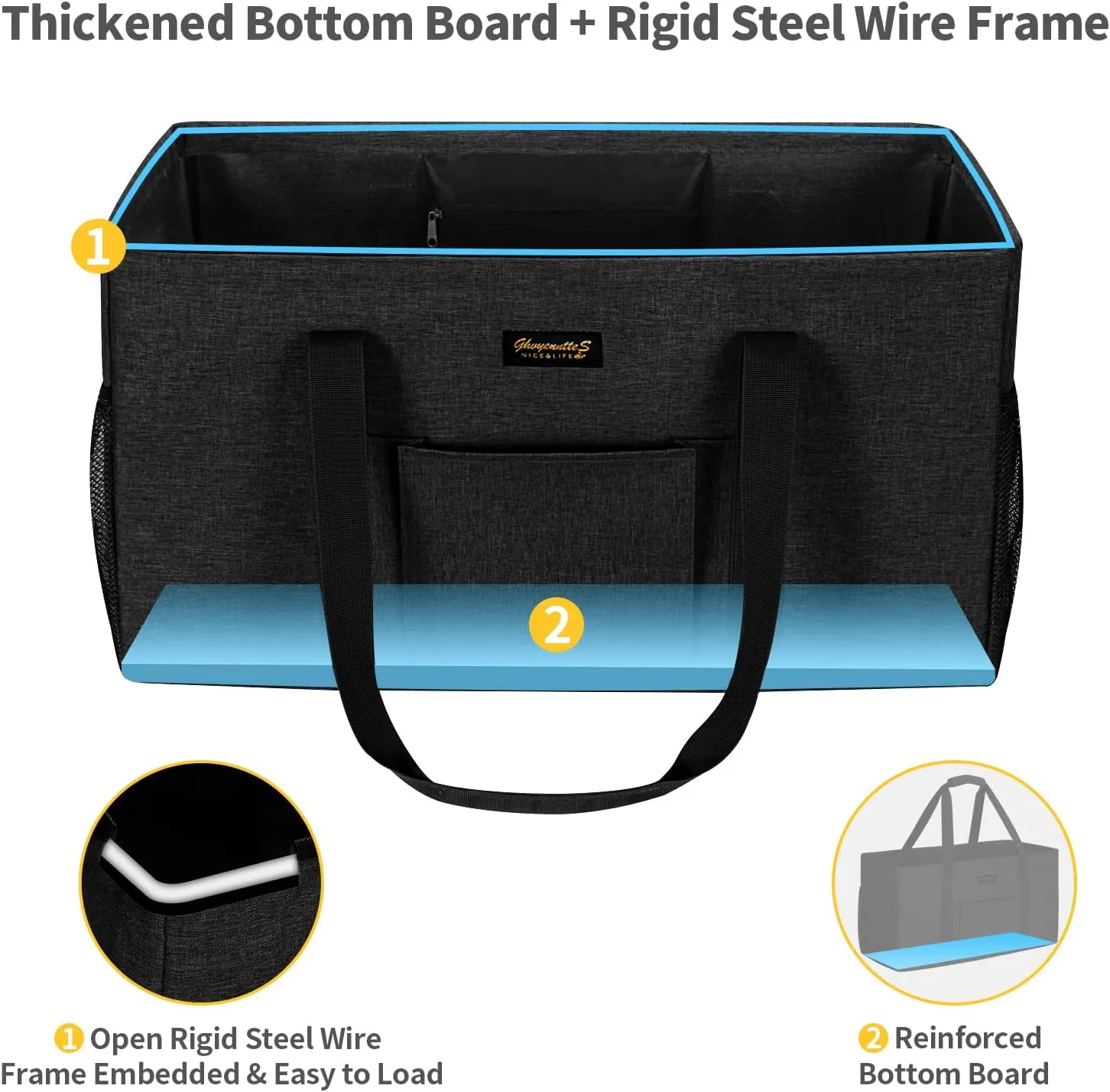 GhvyenntteS Extra Large Utility Tote Bag, Stand Up Utility Tote with Metal Wire Frame & Hard Bottom Board, Reusable Grocery Bags With Handles, Extra Large Beach Bag, Collapsible Car Tote