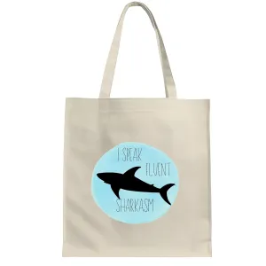 Gift for Shark Lover I Speak Fluent Sarcasm Humorous Saying White Multicolor Canvas Tote Bag