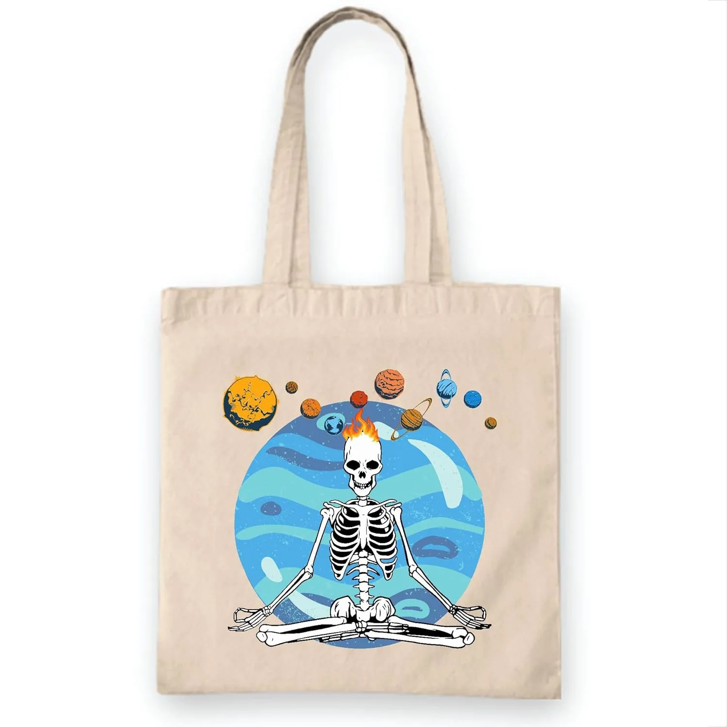 Gift Planetary Skeleton Pose Meditation Women Yoga Lovers White Multicolor Canvas Tote Bag