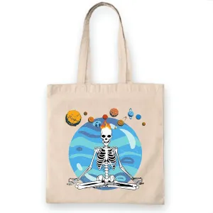 Gift Planetary Skeleton Pose Meditation Women Yoga Lovers White Multicolor Canvas Tote Bag