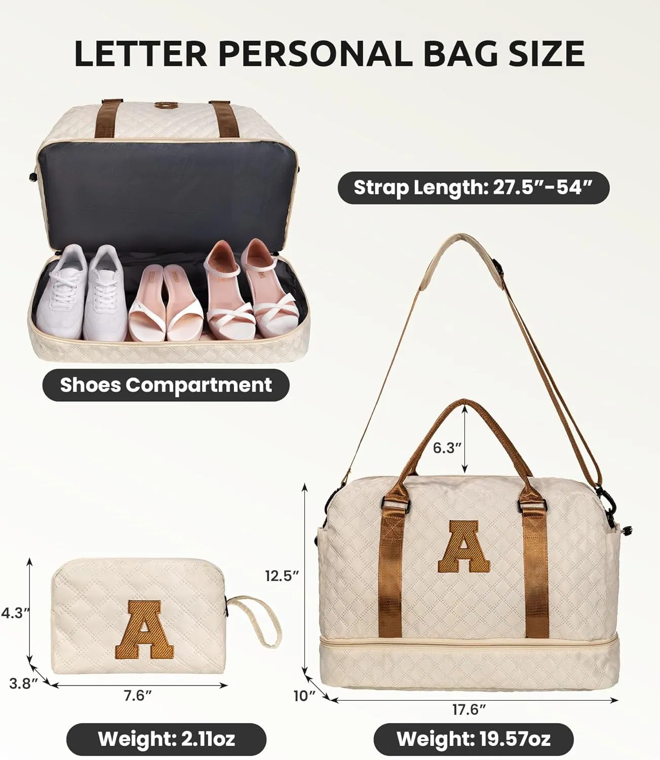 Gifts for Girls-Initial Duffle Bag with Shoe Compartment, Personalized Weekender Bag, Monogram Overnight Bag, Letter Travel Bag with Makeup Bag，Personalized Gift Idea for Women Her (Letter G)
