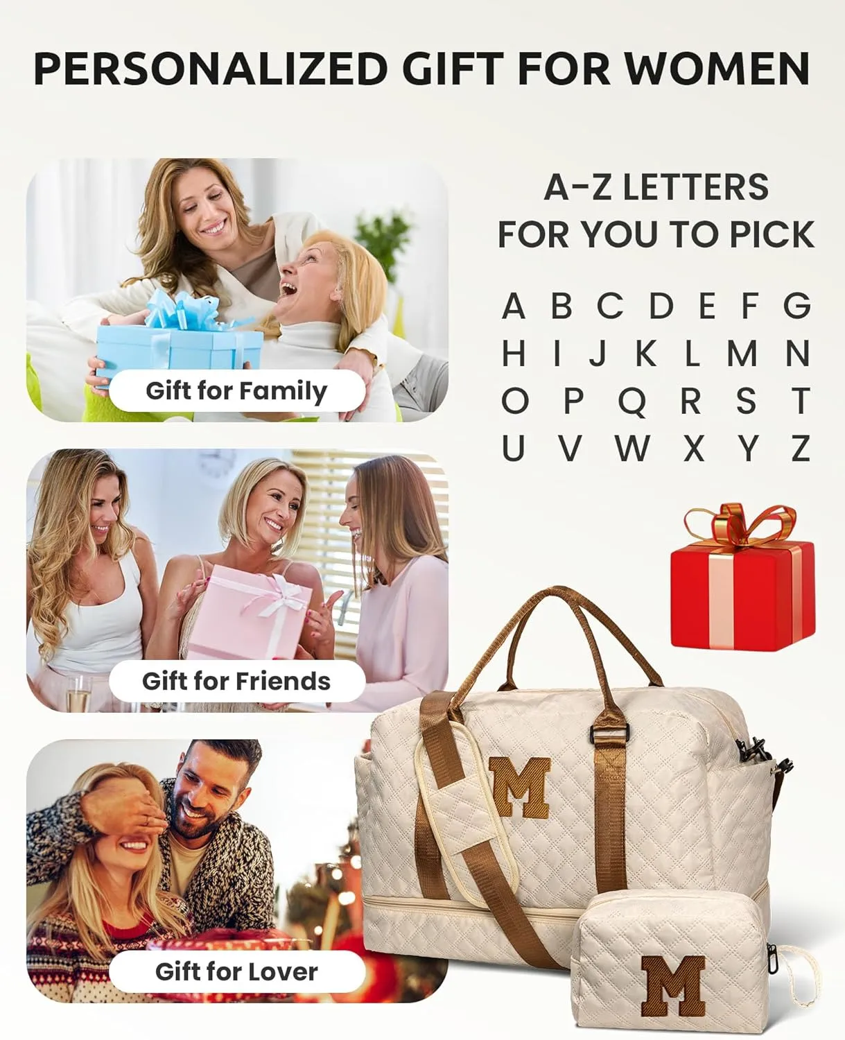 Gifts for Girls-Initial Duffle Bag with Shoe Compartment, Personalized Weekender Bag, Monogram Overnight Bag, Letter Travel Bag with Makeup Bag，Personalized Gift Idea for Women Her (Letter G)
