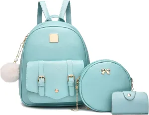 Girls 3-Pieces Fahsion Leather Backpack Purse Set for Women Rucksack for Ladies Satchel Bag for Girls