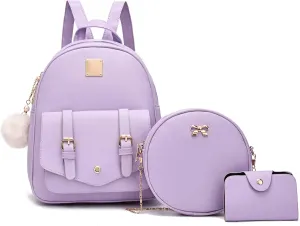 Girls 3-Pieces Fahsion Leather Backpack Purse Set for Women Rucksack for Ladies Satchel Bag for Girls