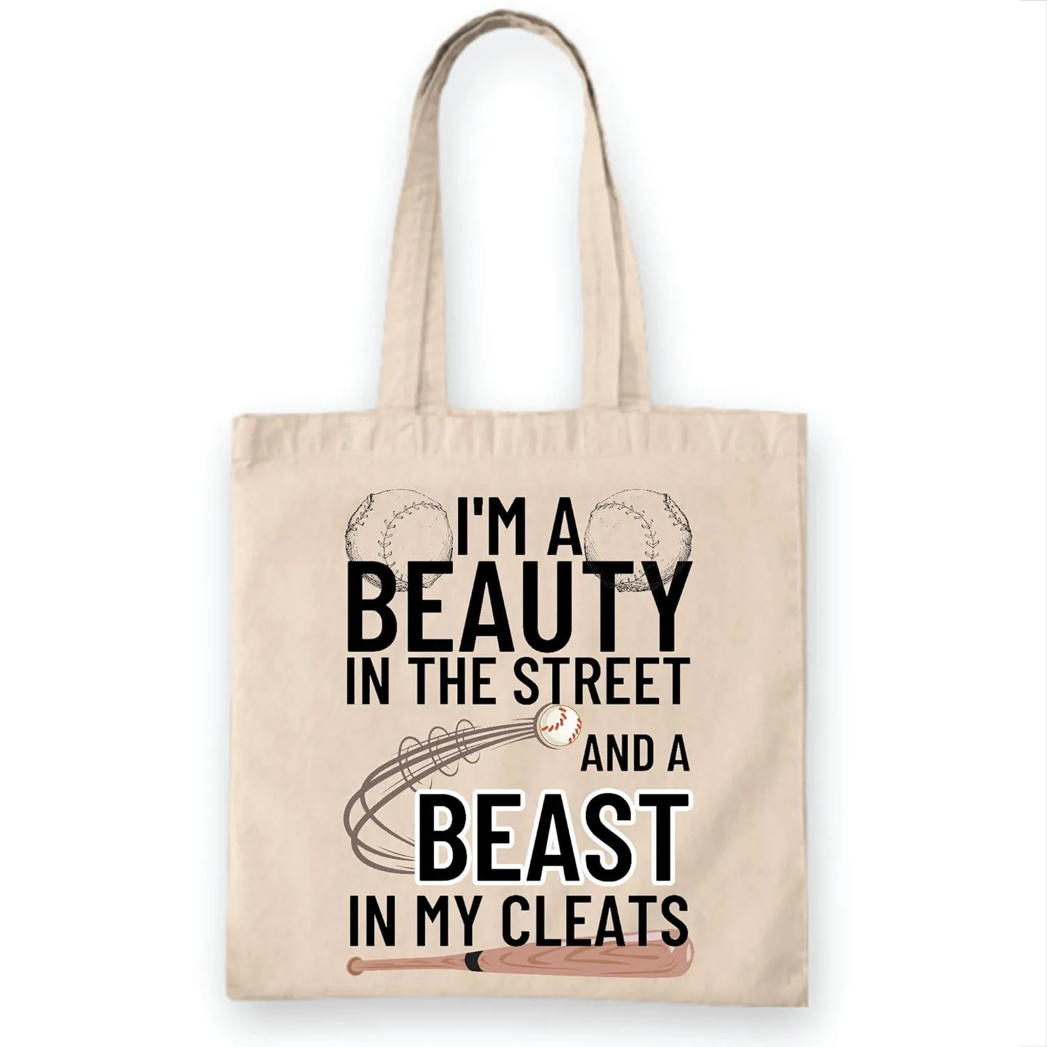 Girls Softball Gift Beast in my Cleats Beauty in the Street White Multicolor Canvas Tote Bag