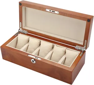 Glass Lid 5 Watch Box Wooden Jewellery Display Storage Box Case Bracelet Tray Lockable Metal Buckle and 6 Removal Storage Pillows for Men/Women (Brown)