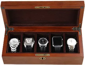 Glass Lid 5 Watch Box Wooden Ladies Jewellery Display Storage Box Case Bracelet Tray Lockable Metal Buckle and 5 Removal Storage Pillows for Men/Women