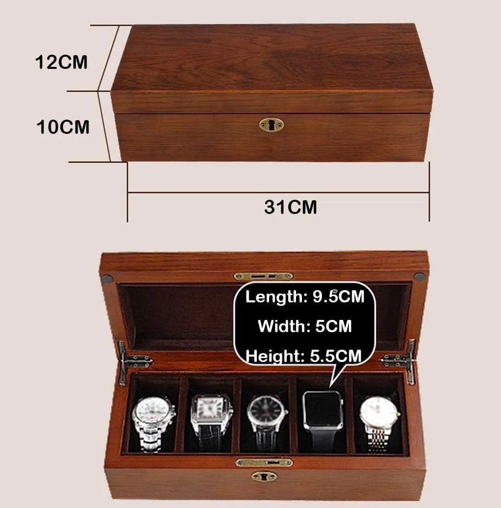 Glass Lid 5 Watch Box Wooden Ladies Jewellery Display Storage Box Case Bracelet Tray Lockable Metal Buckle and 5 Removal Storage Pillows