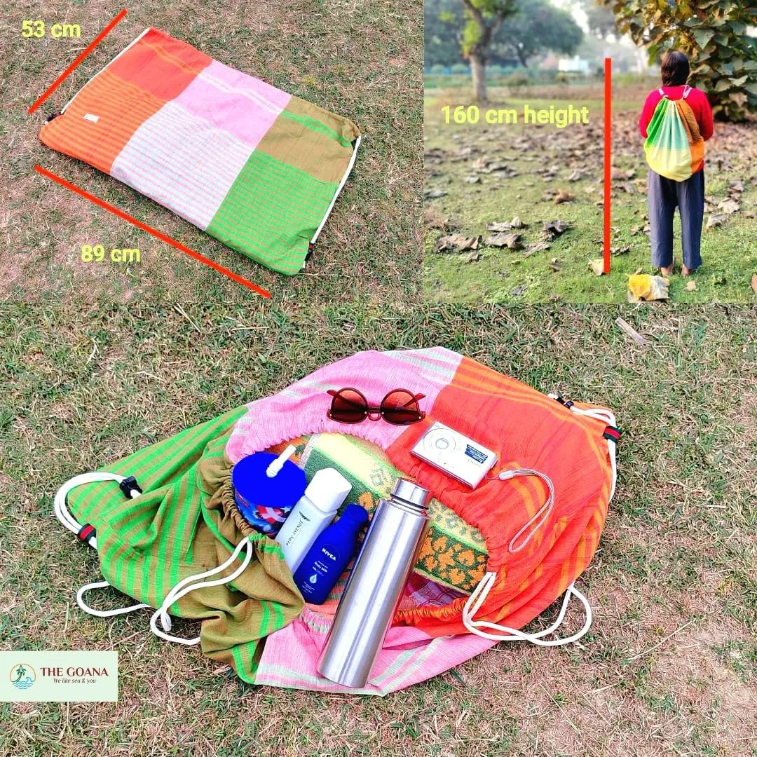 GOANA Beach Towel Convert to Tote Bag or Backpack Large Size 72"×35" Adjustable Straps with Organizer 100% Organic Cotton Handloom Lightweight Quick Dry Absorbent Travel Picnic Pool (Saffron & Green)